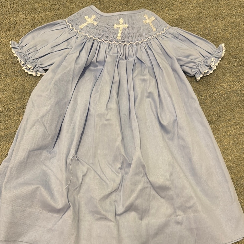 Light Blue Smocked Dress with Cross Embroidery